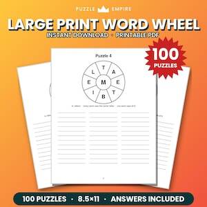 May include: A printable word wheel puzzle sheet featuring the text LARGE PRINT WORD WHEEL and 100 PUZZLES. The page displays a circular grid with the center letter M surrounded by L, T, A, E, B, I, T, E, and lines for writing words.