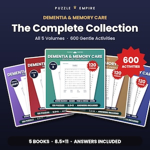 May include: A collection of five puzzle books titled Dementia & Memory Care, The Complete Collection. Each book features 120 large-print puzzles, totaling 600 activities. The books are 8.5x11 inches, include answers, and contain word searches and mazes.