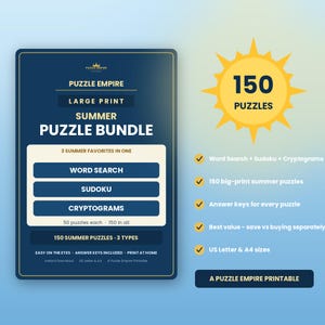 Puede incluir: Un paquete de rompecabezas de verano imprimible de Puzzle Empire con 150 acertijos en letra grande, que incluyen sopas de letras, sudokus y criptogramas. El gráfico rectangular azul oscuro muestra texto y un icono de sol amarillo.