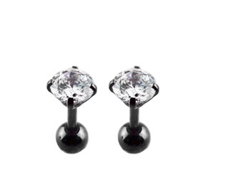 Surgical Stainless Steel 3mm 4mm 5mm 6mm 7mm Black Cubic Zirconia CZ Bar Ball end Tragus Cartilage Ear Piercing Stud Earrings Barbell 16G