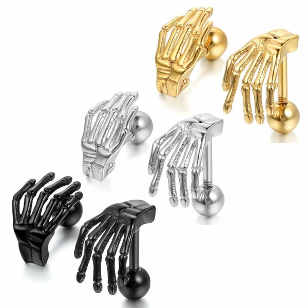 Punk Gothic Skeleton Skull Hand Men Women Stainless Steel Ear Stud Earrings, Gothic Jewelry,Blackline Skeleton Hand of Death Curved Barbell