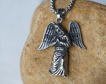 Stainless Steel Mens Christian Praying Hands Angel Wings Necklace Pendant Chain Jewelry Gift Him Her, Praying Angel Pendant Necklace