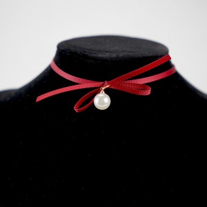 Freshwater Pearl Ribbon Bow Choker Collar Necklace Pendant Chain, Gift for Her