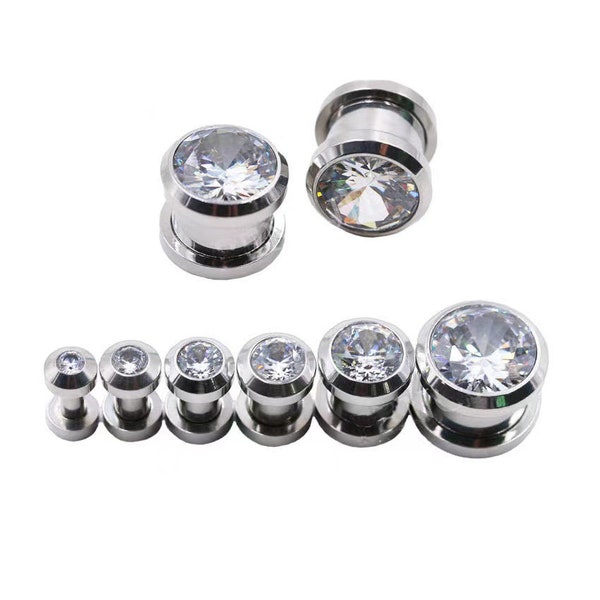 PAIR Stainless Steel CZ Shining Round Ear Tunnels Plugs Gauges Earlets Stretchers Expander, Gauges 8g (3mm) up to 1/2" (12mm) available!