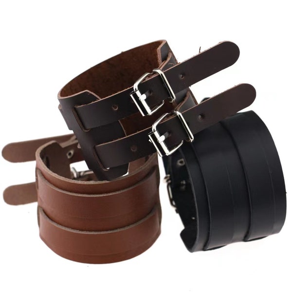 Genuine Black Dark Brown Leather Belt Bracelet Cuff Wristband Bangle, Mens Women Gift
