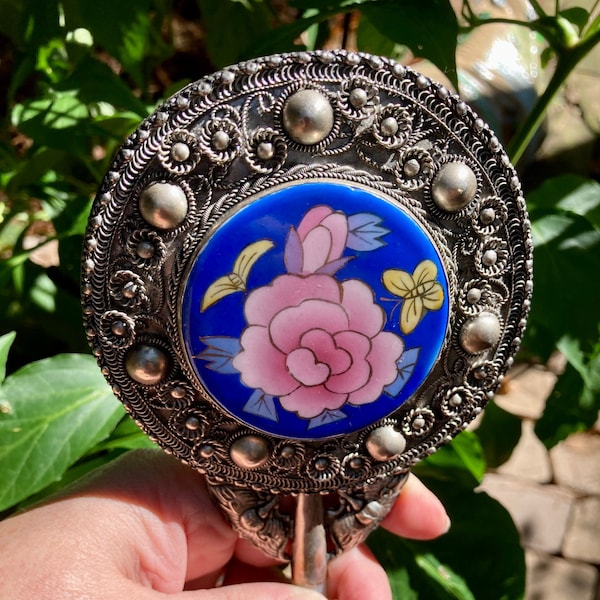 Cloisonné Celedon Jade Mirror - 1960's Ornate 8 inch mirror, Blue cloisonné w/ pink flowers, yellow butterflies & perfectly clear mirror