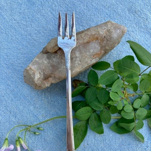 May include: A silver-colored fork with three tines, featuring ornate detailing on the handle. The fork is placed on a light blue surface, next to a quartz crystal and green leaves with small purple flowers.
