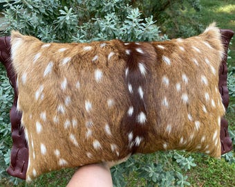 Hand Stitched Axis Deer Hide Pillow – Soft Leather Accent, Full Pillow