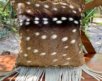 Handmade Axis Deer Hide Pillow – Rustic Leather Pouf with soft backing and Fringe, 14x14