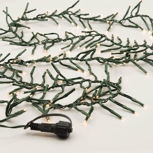 Puede incluir: Una cadena de luces blancas cálidas con cable verde. Las luces están dispuestas en un patrón aleatorio y son perfectas para decorar una casa o una fiesta.