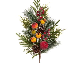 Op de afbeelding: Een decoratieve tak met groene dennen- en ceder-naalden, twee bruine dennenappels, trossen kleine rode bessen en diverse ronde vruchten in tinten rood, oranje en geel. Het gehele arrangement is licht bestrooid met een witte laag vorst.