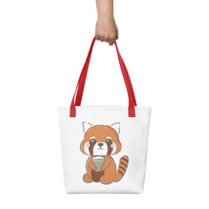 Kawaii red panda drinking matcha | Tote bag | Kawaii tote bag, red panda tote bag
