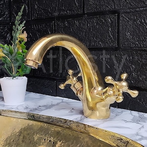 Grifo de latón liso con manijas en cruz, latón sin lacar, grifo de baño, grifo de cocina