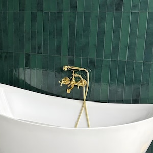 Unlacquered Brass Wall Mount Tub Filler, Telephone Bathtub Faucet, Handheld Shower