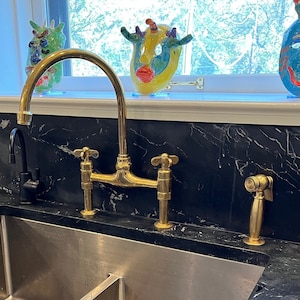 Unlacquered Brass Bridge Kitchen Faucet With Sprayer and Cross Handles | 8&quot; Spread Brass Faucet | Living Finish Antique Faucet