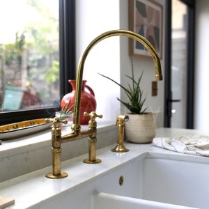 Unlacquered Brass Bridge Faucet | Brass Kitchen Faucet | Brass Tap with Cross Handle | Brass Side Sprayer | Gold Antique Faucet