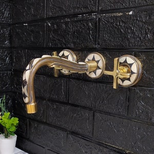 Unlacquered Brass and Resin Gooseneck Wall Faucet, Hot and Cold Bathroom Faucet With Traditional Handles