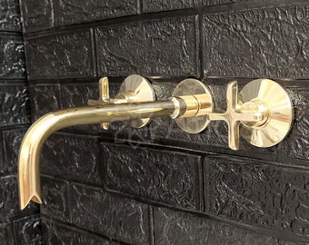 Unlacquered Brass Wall Mounted Bathroom Faucet - Vessel Sink Faucet with Cross or Lever Handles and Snake Mouth