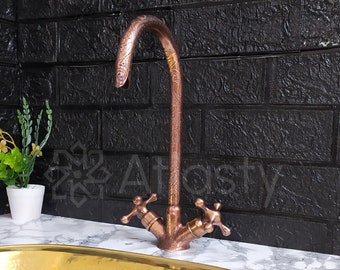 Engraved Curved Copper Bathroom Faucet with Cross Handles