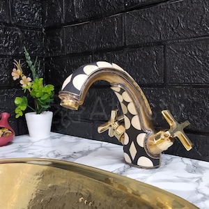Unlacquered Brass and Resin Bathroom Faucet with Cross Handles