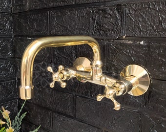 Unlacquered Brass Wall Mount Faucet, Gooseneck Faucet
