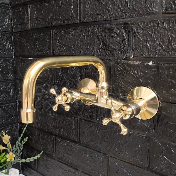 Unlacquered Brass Wall Mount Faucet, Gooseneck Faucet