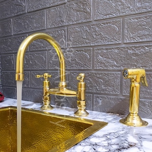 Unlacquered Brass Kitchen Faucet | Brass Bridge Faucet With Sprayer | Living Finish Antique Faucet
