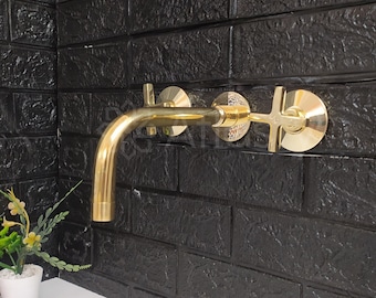 Unlacquered Brass Wall Mounted Bathroom Faucet - Vessel Sink Faucet with Cross or Lever Handles
