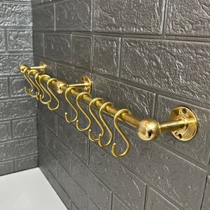 Unlacquered Solid Brass Hanging Pot and Pan, Antique Brass Pot Racks, Brass Kitchen Rail With Hooks, Brass Wall Mount Hooks, Brass Pan Rack