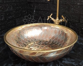 Engraved Round Brass Sink, Vintage Engraved Vessel Sink for Bathrooms