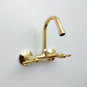 Unlacquered Brass Wall Mount Faucet, Gooseneck Faucet, Vintage Brass Wall Mounted tap, 2 Hole Wall Mount Bathroom Faucet with Lever Handles