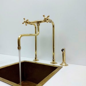 Unlacquered Brass Kitchen Faucet With Sprayer and Cross Handles