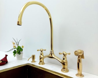 Unlacquered Brass Bridge Kitchen Faucet with Sprayer & Soap Dispenser