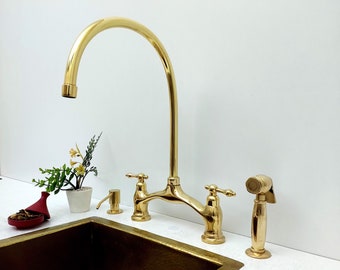 Unlacquered Brass Bridge Kitchen Faucet with Sprayer & Soap Dispenser