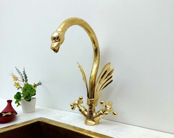 Unlacquered Brass Swan Faucet with two Corss Handles, Engraved Faucet, Antique Brass Bathroom Faucet, Gooseneck Faucet.