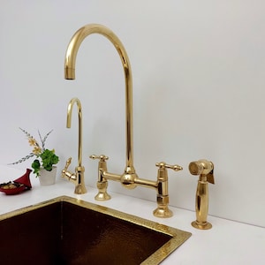 Unlacquered Brass Bridge Kitchen Faucet With Ball Center, Sprayer, Cold Water Tap, And Lever Handles
