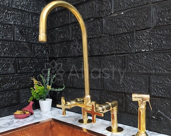 Unlacquered Brass Bridge Kitchen Faucet With Sprayer