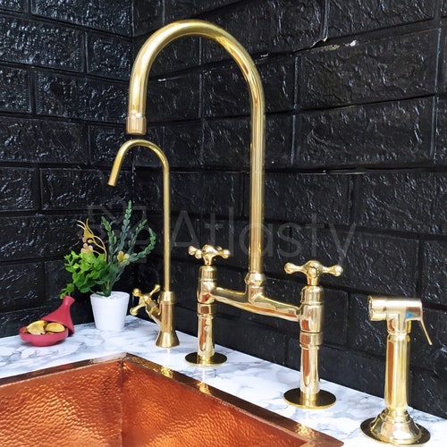 Brass Kitchen Faucet Brass Bridge Faucet Unlacquered Brass Etsy Canada