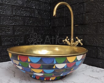 Lavabo de baño de latón y resina, diseño colorido, lavabo de tocador.