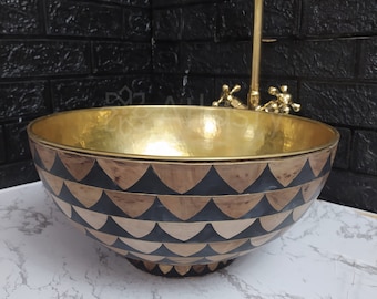 Lavabo de resina de latón, diseño en negro y marrón, lavabo de tocador