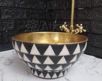 Lavabo de latón y resina, diseño en blanco y negro, lavabo para tocador