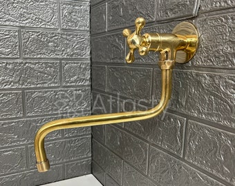 Unlacquered Brass Wall Mount Pot Filler Faucet, Vintage Kitchen