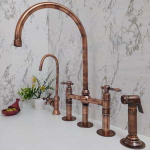 Copper Kitchen Bridge Faucet Copper Tap with Lever Handle Copper Sprayer & Filtered Water Tap Copper Antique Faucet image 1