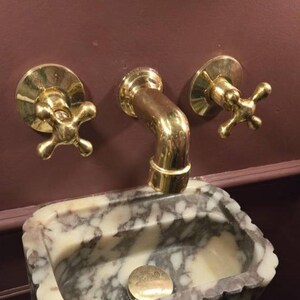 Unlacquered Brass Wall Mount Faucet | Cross Handle Vessel Sink image 2