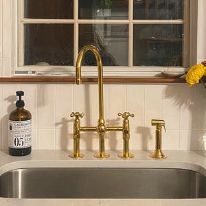 Unlacquered Brass Bridge Kitchen Faucet With Sprayer and Cold Water Tap, Three Straight Legs