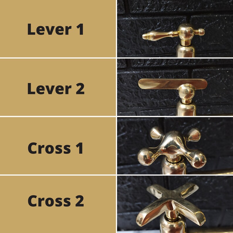 May include: Four different styles of gold-toned faucet handles. The handles are labeled "Lever 1", "Lever 2", "Cross 1", and "Cross 2".