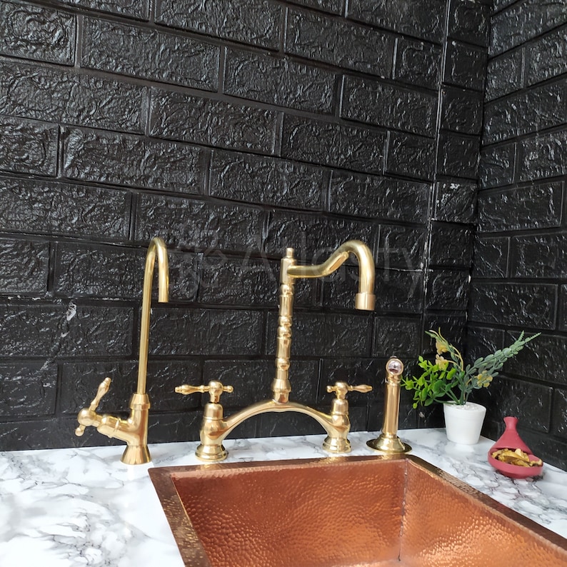 Unlacquered Brass Kitchen Faucet With Sprayer Etsy