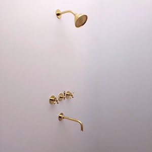Unlacquered Brass Shower System with Tub Filler and Round Shower Head