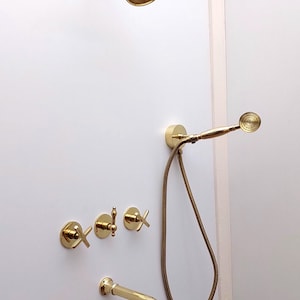 Unlacquered Brass Shower System with Handheld Shower Head, Tub Filler and Round Shower Head