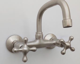 Brushed Nickel Wall-Mount Faucet – Brass Gooseneck Spout, Cross Handles